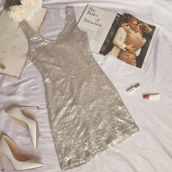 Dresses & Skirts - Silver Sequin Sleeveless Dress with V Neck Size S